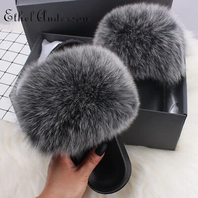 #ad Women#x27;s Real Fox Fur Fuzzy Slippers Casual Flip Flop Sandals Furry Slides Fluffy $27.99