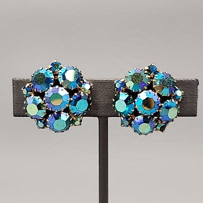 #ad Rhinestone Clip On Earrings Vtg Blue Aurora Borealis Round Gold Tone Prong 7 8quot; $25.00