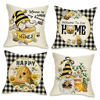 #ad Spring Summer Yellow Bumble Bee Happy Gnome Decorative Throw Pillow 18#x27;#x27; x 18#x27;#x27; $34.83