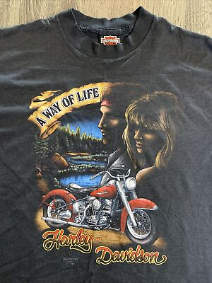 #ad VTG Harley Davidson 3D Emblem A Way of Life Black Sz XL T Shirt Tee 50 50 1990 $249.99