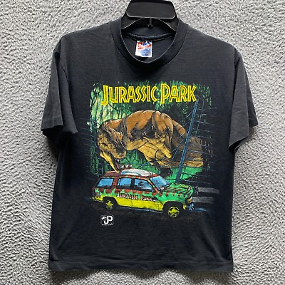 #ad Vintage Jurassic Park Shirt Boys Extra Large XL Black T Rex Jeep 1993 Promo $74.37