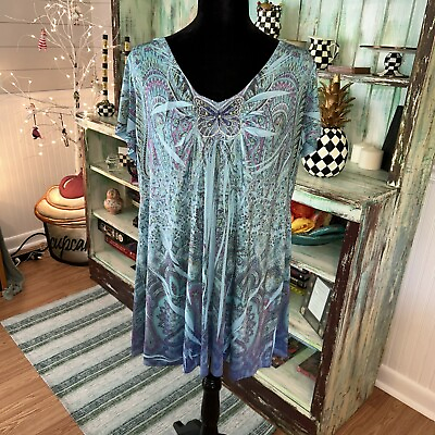 #ad Apt. 9 Women’s Top Size 2X Blue Green Butterfly Tunic $12.00