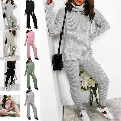 #ad New Ladies Chunky Knitted Ribbed High Polo Neck Loungewear Suit GBP 21.95