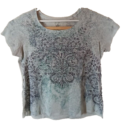 #ad Sonoma Woman#x27;s Shirt 1X Light Green Floral Lace Back Round Neck Short Sleeve $13.95