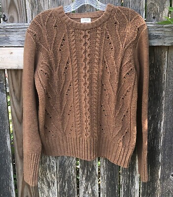 #ad J. Crew Sweater Women Small Tan Pointelle Cable Front Pullover Brown Lambswool $14.99