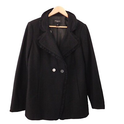 #ad Ann Taylor Coat Wool Blend Womens Pea Jacket Size Medium Ruffle Black $26.99