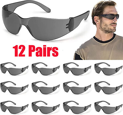 #ad 12 PAIR Lot Pack Safety Glasses Protective Grey SMOKE Lens Sunglasses Work Z87 $11.89