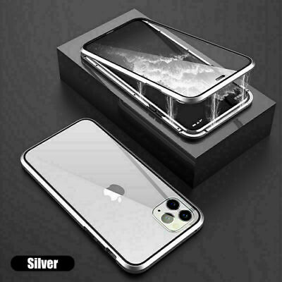 #ad Silver Cover Front Back Protection Magnetic Adsorption Metal Tempered Glass Case $7.99
