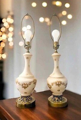 #ad Pair White Frosted Glass Lamps Flower Base Vintage Style Hollywood Regency $250.00