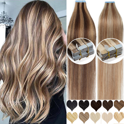 #ad Seamless Tape In Remy Human Hair Extensions Russian Skin Weft Full Head USA Long $198.29