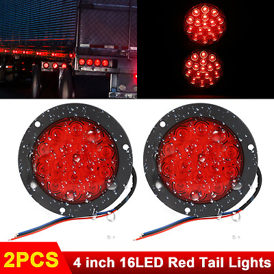 #ad 2PCS Red 4quot;Inch 16 LED Round Truck Trailer Tail Stop Turn Brake Light Waterproof $11.98