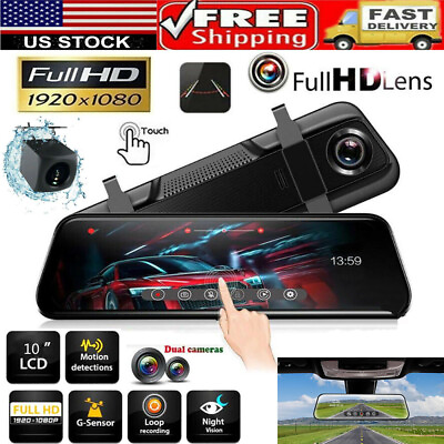 #ad 10quot; HD 1080P Dual Lens Car DVR Dash Cam Video Camera Recorder Rearview Mirror $49.99