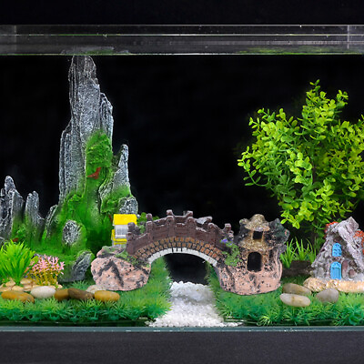 #ad Fish Tank Bridge Ornaments Landscape Pavilion Tree Aquarium Accessories Decor US $7.48