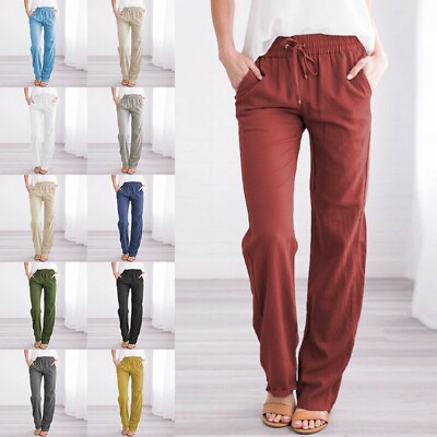 #ad Womens Cotton Linen Elastic Waist Pants Ladies Casual Straight Leg Long Trousers $9.96
