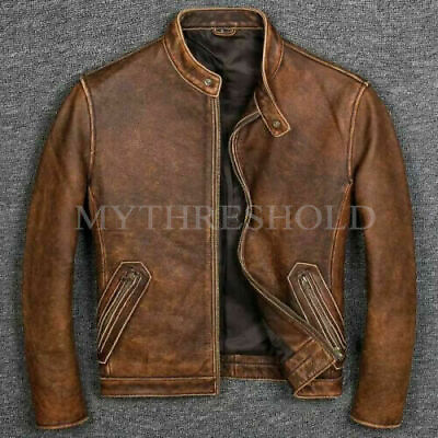 #ad Mens Vintage Motorcycle Cafe Racer Biker Brown Distressed Real Leather Jacket AU $189.99