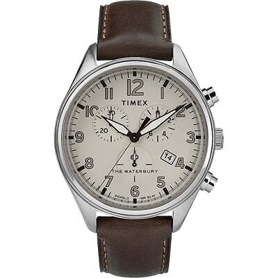 #ad Timex Men#x27;s Watch Waterbury Chronograph Cream Dial Leather Strap TW2R88200 $59.99