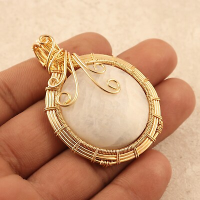 #ad Copper Wire Wrapped Blue Fire Moonstone Gold Plated Handmade Pendant Necklace $11.99