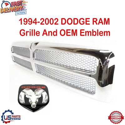 #ad New Grill Grille Chrome And OEM Emblem Fits 1994 2002 Dodge Ram Pickup 2500 3500 $187.23