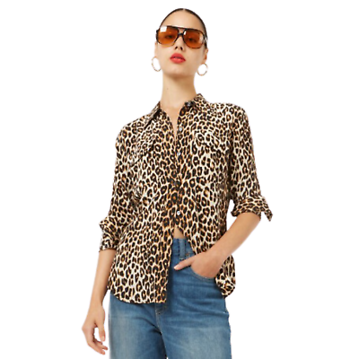 #ad EQUIPMENT Slim Signature Silk Shirt in Natural Leopard Long Sleeve Women#x27;s XS $71.50