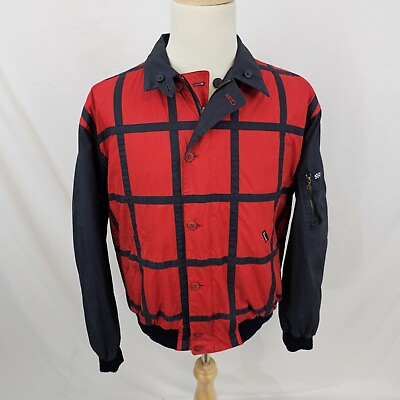 #ad Faconnable Men#x27;s Reversible Bomber Jacket Cotton Blue Red Plaid Full Zip Large $36.99