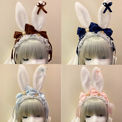 #ad Cute Lolita Rabbit Ear kc headband Hair accessories Bowknot Lace Plush hair hoop $18.99