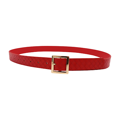 #ad Women Red Basket Weave Faux Leather Belt Gold Metal Square Buckle Adjustable S M $13.90