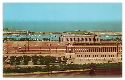 #ad Airview of Soldiers Field Chicago Illinois IL Postcard c1955 Meigs Airport $4.25