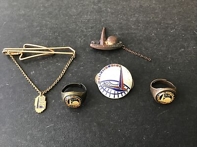 #ad 1939 New York Worlds Fair Jewelry Lot STERLING Pin Tie Clip 2 Rings Free Ship $225.00