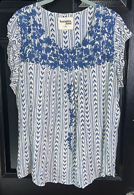 #ad Savanna Jane Embroidered Top 2X Striped Blue Arrows Ruffle Sleeve Casual $24.99
