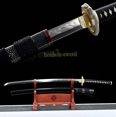 #ad T10 Clay Tempered Katana Japanese Samurai Sword Real Sharp Battle Snake Tsuba $348.00