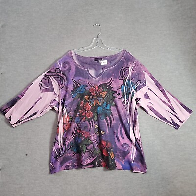 #ad Essential Women Top 2X Purple Tie Dye Blouse Butterfly Rhinestones 3 4 Sleeve $9.88