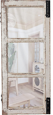 #ad Farmhouse Wood Frame Window Mirror 14quot; X 33quot; Vertical Hanging Distressed White $90.14