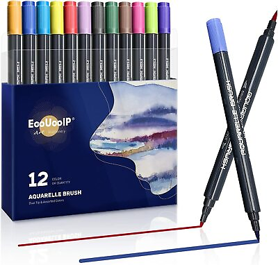 #ad 12 Colour Pack of Calligraphy Markers Watercolour Fine Brush Pens Dual Tip Set GBP 19.95