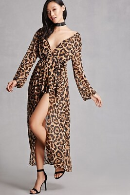#ad Reverse Size S Plunging V Neck Leopard Maxi Romper Long Sleeve Sheer Brown NWT $29.99