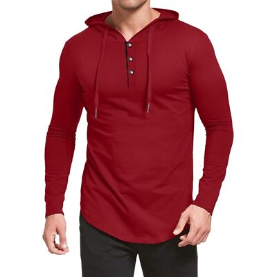 #ad Mens Hooded Sweatshirt Comfort Button Muscle Tops T Shirt Breathable Long Sleeve $28.79