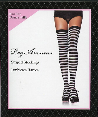 #ad Thigh High Striped Stockings Black White Women#x27;s Plus Size Leg Avenue 6005 $12.00