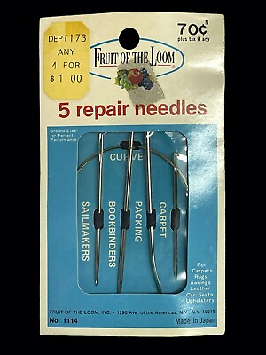#ad Vtg Fruit of The Loom Sewing Repair Needle Pack 5 Made Japan Carpets Upholstery $7.99