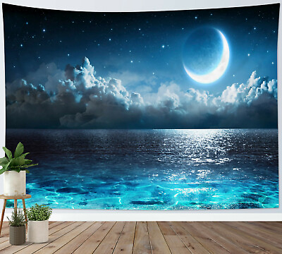 #ad Night Sky Moon Ocean Natural Scene Tapestry Wall Hanging For Bedroom Living Room $14.99