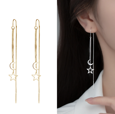 #ad Fashion Women Silver Plated Moon Star Dangle Drop Tassel Threader Earrings I50 $4.95