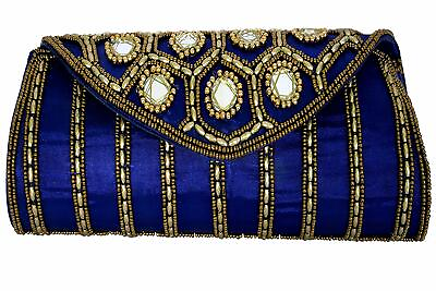 #ad Indian Ethnic Handmade Blue Wedding Bridal Mirror Purse Clutch Box $19.78