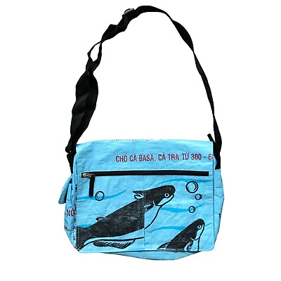 #ad Fair Trade Recycled Blue Bags Adjustable Strap Crossbody Messenger Bag Large $31.49