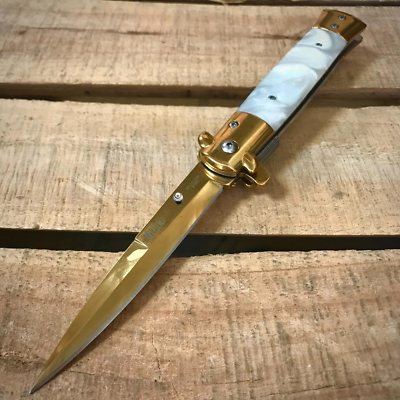 9quot; Tactical Gold Pearl Spring Assisted Open Blade Folding EDC Pocket Knife $15.99