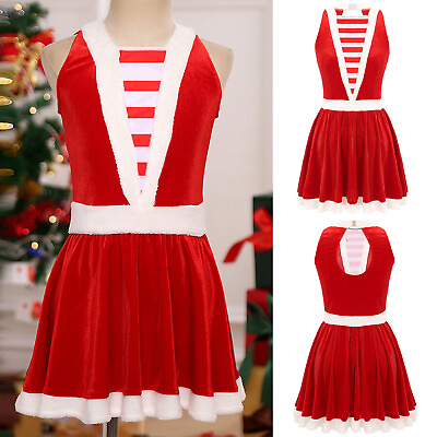 #ad Womens Santa Velvet Festival Christmas Dance Dress Sleeveless Holiday Contrast $19.43