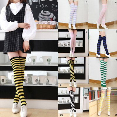 #ad Fashion Women Cotton Socks Thigh High Striped Over the Knee Slim Leg Stockings $6.29