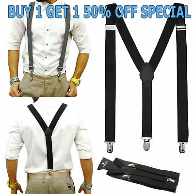 #ad Men#x27;s Adjustable Suspenders Elastic Y Shaped Braces Clips Pants Brace Solid TBN $4.95