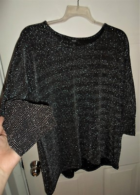 #ad Alfani Woman Sz 2X Metallic Knit Top Black Silver Nylon Spandex Metallic Texture $17.99