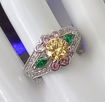 #ad Vintage 925 silver yellow solitaire surrounded by pink and green rhinestones. $29.99