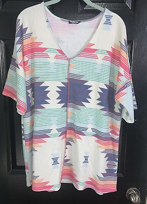 #ad Heimish USA Women Short Sleeve Blouse Top Shirt Plus Size 2X Aztec Shirt Sleeve $6.00