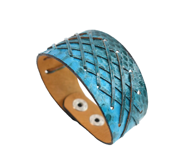 #ad Blue Leather Bracelet W Lattice Weave amp; Faux Snakeskin Wrist Band Cuff $14.95