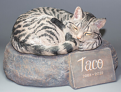 #ad Unique Memorial Stone Striped Cat Urn Pet Loss Statue Grave Decor Tribute Plaque $173.00